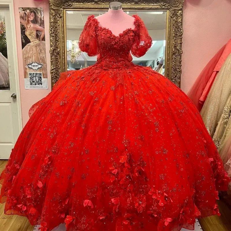 ANGELSBRIDEP Sweety Red Quinceanera Dresses Short Sleeve Sweet 15 Gown 3D Flower Appliqued Vestidos de Sequin XV anos Customized