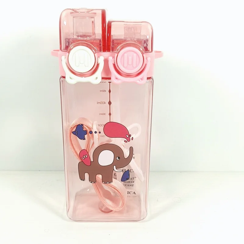 LUSQI 500ML New Square Double Drinking Cup Children's Straw Water Cup Bounce Design Leak-Proof Portable Food-Grade Material