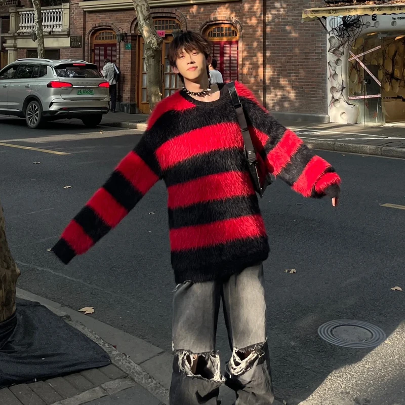 

Мужской вязаный свитер в американском ретро-стиле, весна-осень, красно-черные полосы, цветные блоки, кашемировый трикотаж, повседневный свободный крой, куртка