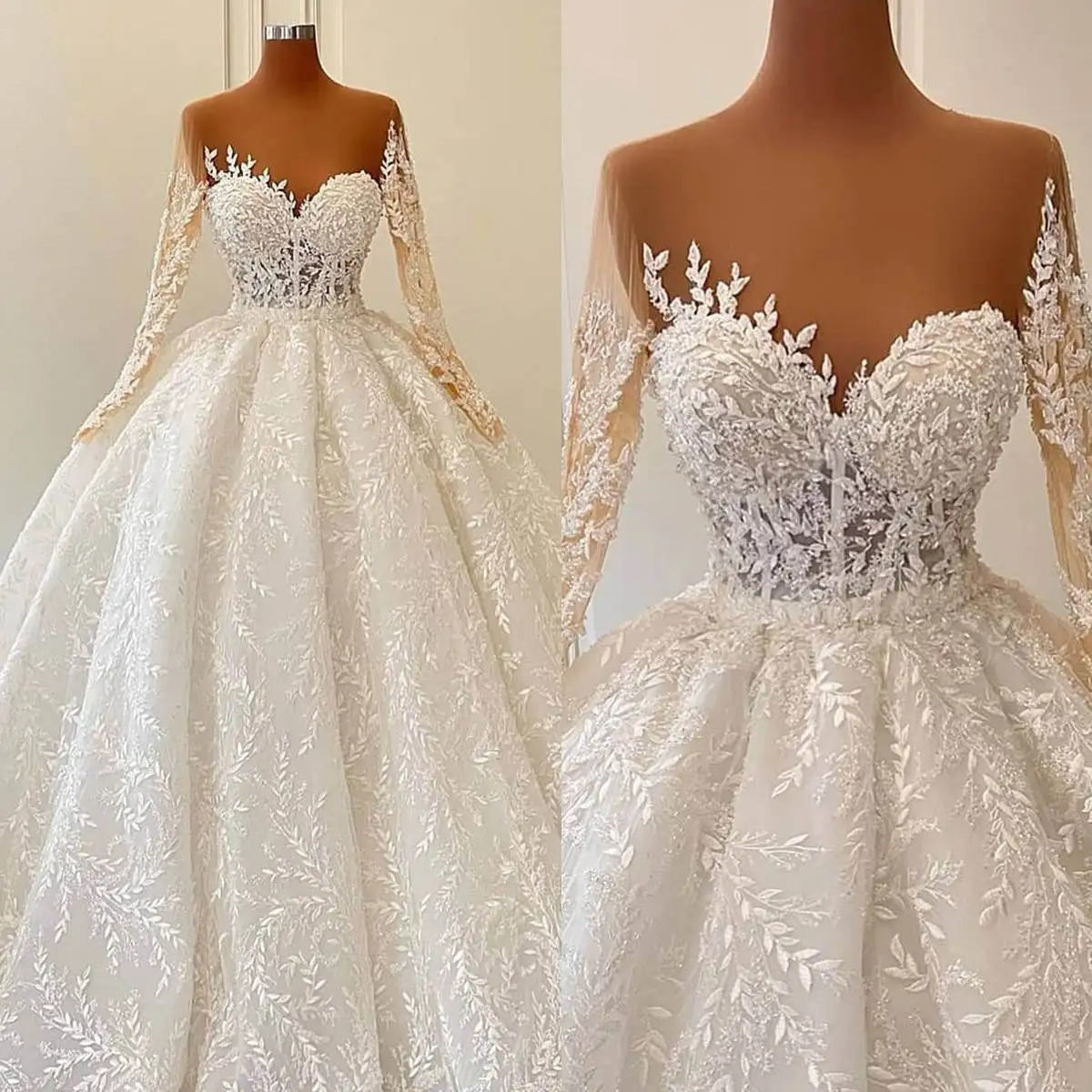 Vestido de casamento clássico para mulheres, decote transparente, mangas compridas, vestido de noiva, lantejoulas, apliques de renda, trem de varredura, vestidos personalizados