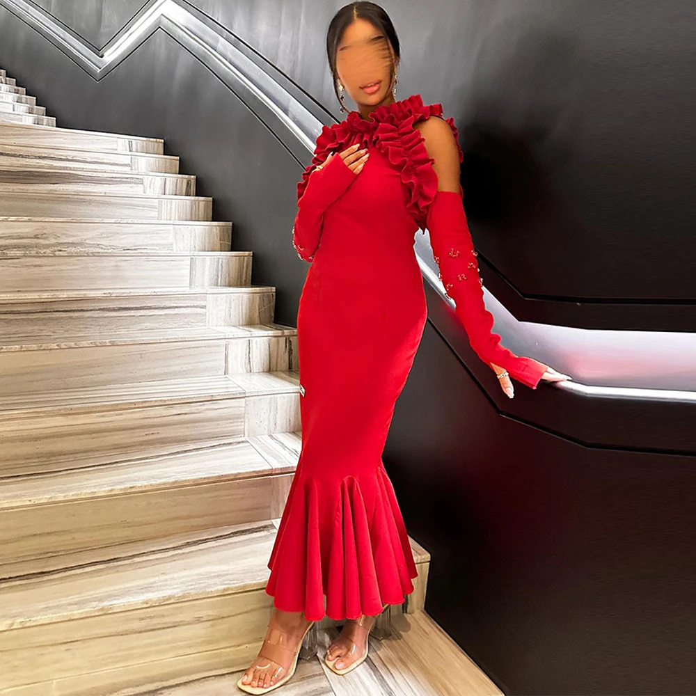 

Fashion Red Jersey Evening Dress Graceful Long Sleeves Party Dresses High Quality Mermaid Halter Customized Celebrity Gown