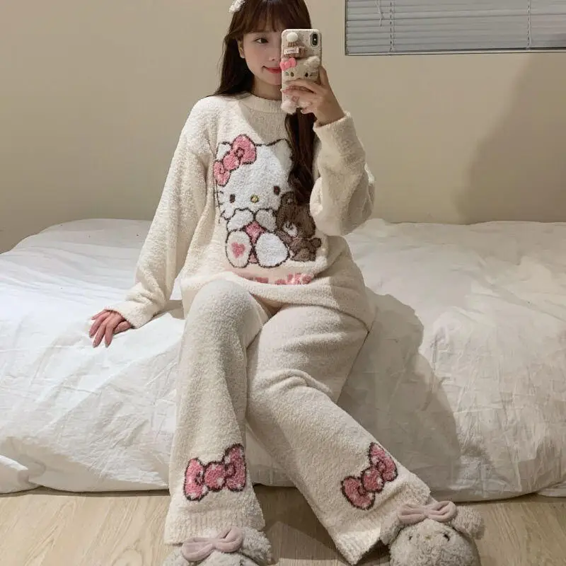 

Пижамы Sanrio, 2 шт., флисовая домашняя одежда средней длины «Hello Kitty», бархатный утолщенный модный комплект, зимний стиль для ношения на улице