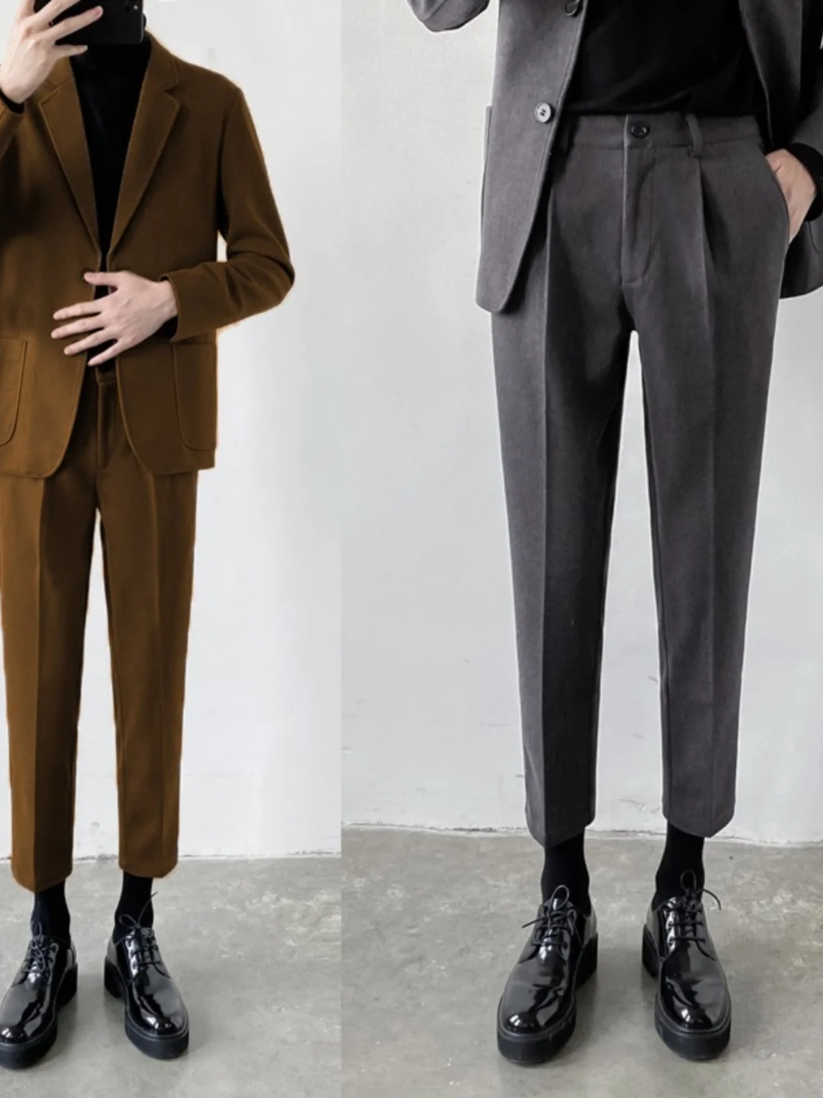 

Утепленные шерстяные мужские брюки приталенного кроя в корейском стиле, осенне-зимние модные прямые брюки длиной 7/8