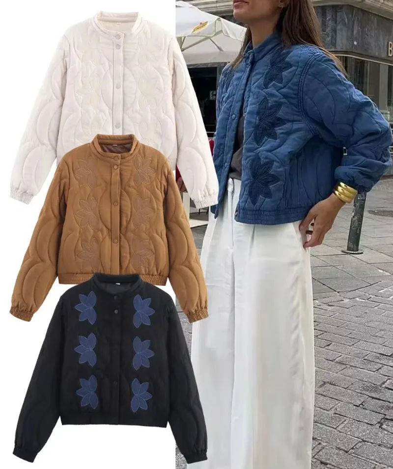 

2025 Fashion Women Quilted Cotton Jacket Autumn Female Long Sleeve Embroidery Padded Short Coats Lady High Street Outwear