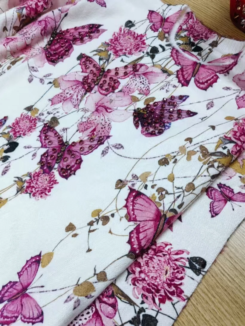 Real Photos Sparkling Diamonds Flowers Printed Pink Sweater for Women Autumn/Winter Knit Outwear Slim Fit Pullovers
