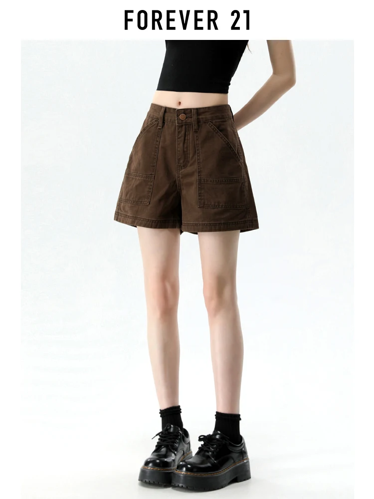Shorts de Mezclilla Marrón Estilo Americano Forever 21, Multibolsillos, para Mujer, Verano, Holgados, Estilizadores, de Pierna Ancha, Cintura Natural, Algodón