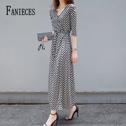 FANIECES Summer Wrap Dresses Women Sexy V Neck Split Maxi Dress Print Female Casual Beachwear Lace Up Party Vestidos Robe платье