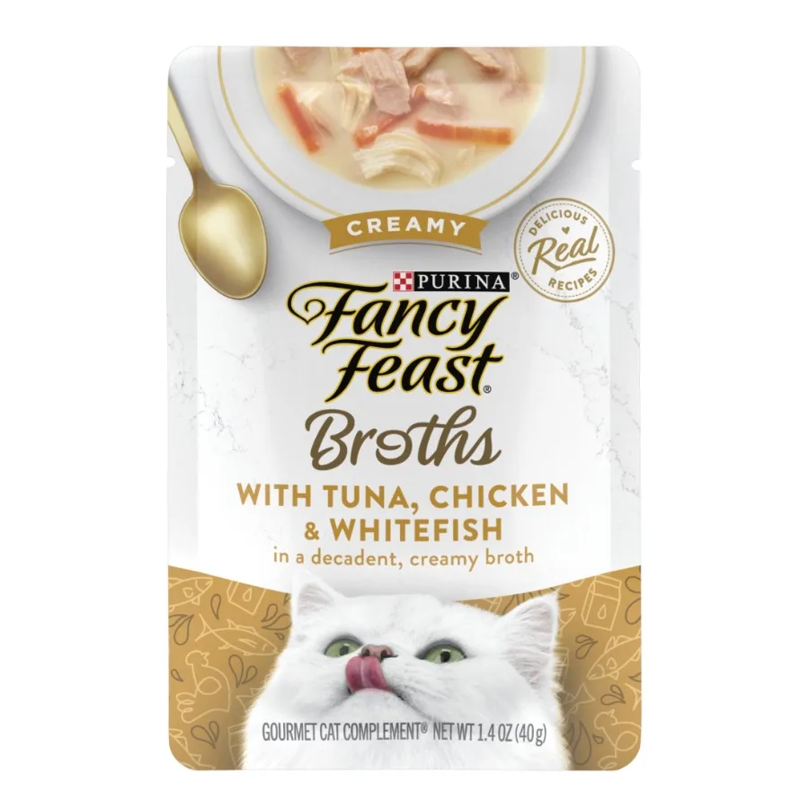 Comida Húmeda Purina Broths para Gatos de Interior, Sabor Cremoso a Pollo y Pescado Blanco en Bolsitas de 1.4 oz, Textura Suave, Aroma Rico, Hidratante