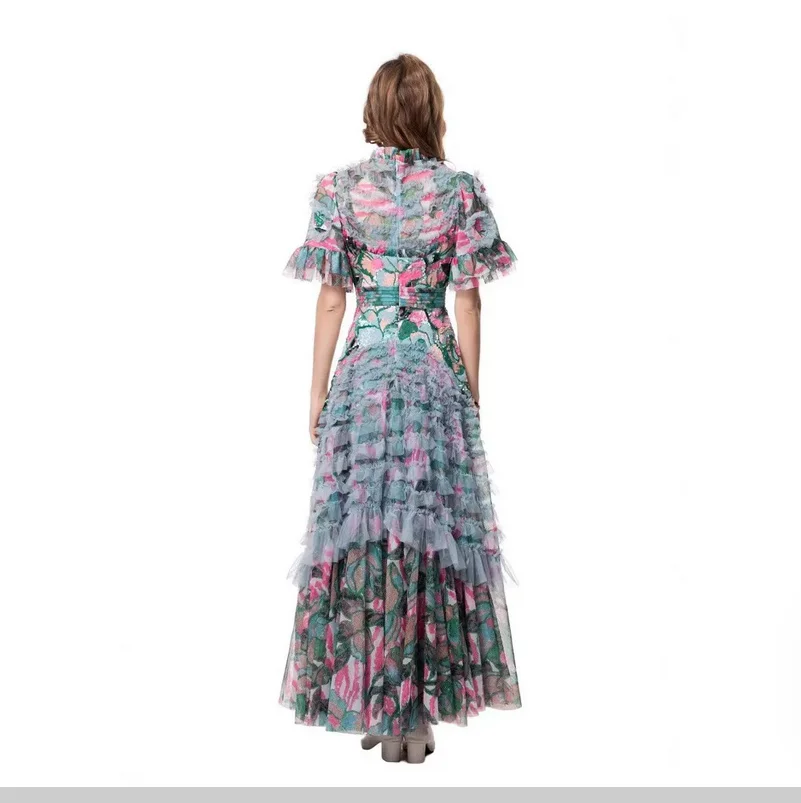 Summer Banquet Gown with Netting Printed Glitter Layered Hem Dress