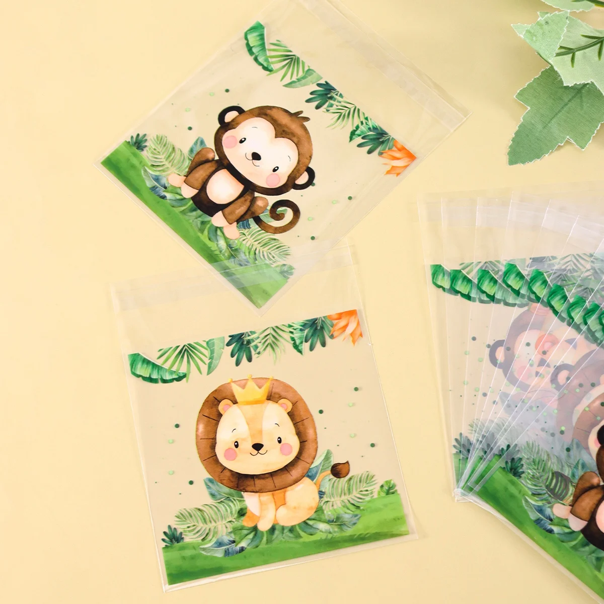 50/100 Stück Safari-Tier Selbstklebende Geschenktüten Löwen-Tiger-Design Cellophan-Süßigkeitentüten für Erste Geburtstagsfeier-Zubehör – Detail 5