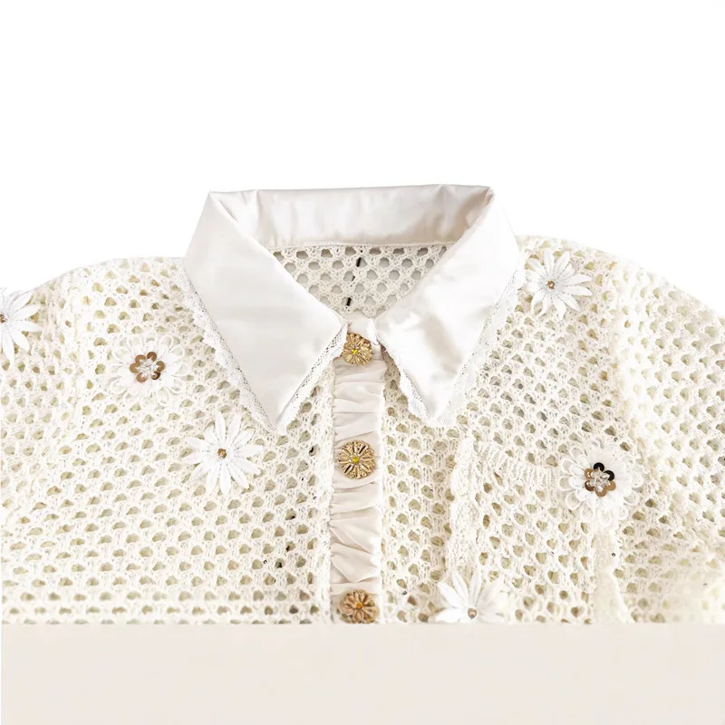 2025 Spring New Lapel Long-sleeved Flower Bead Stitching Loose Thin Hollow Knitted Cardigan Jacket For Women