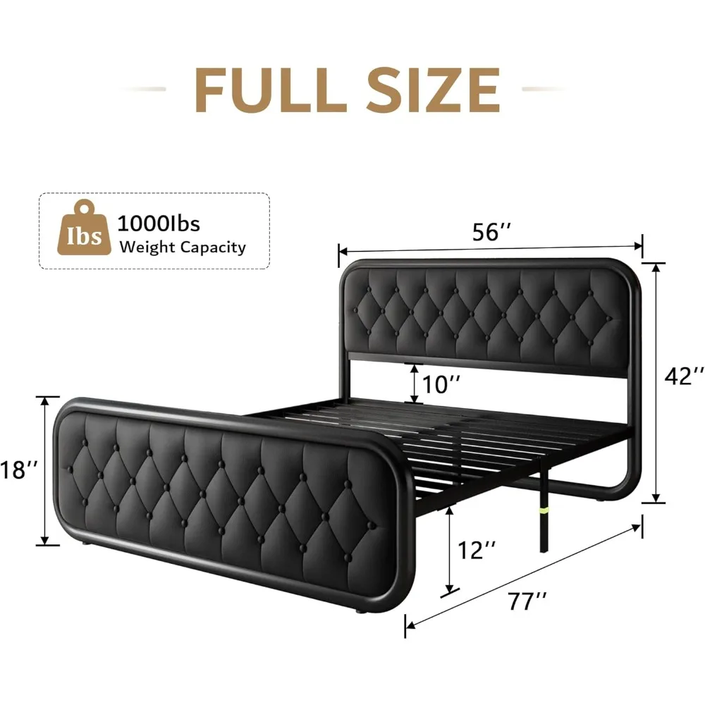 Full/Queen/King Size Metal Bed Frame with Leather Headboard, Heavy-Duty Platform Bed Frame, Thicker Metal Steel Slats Support