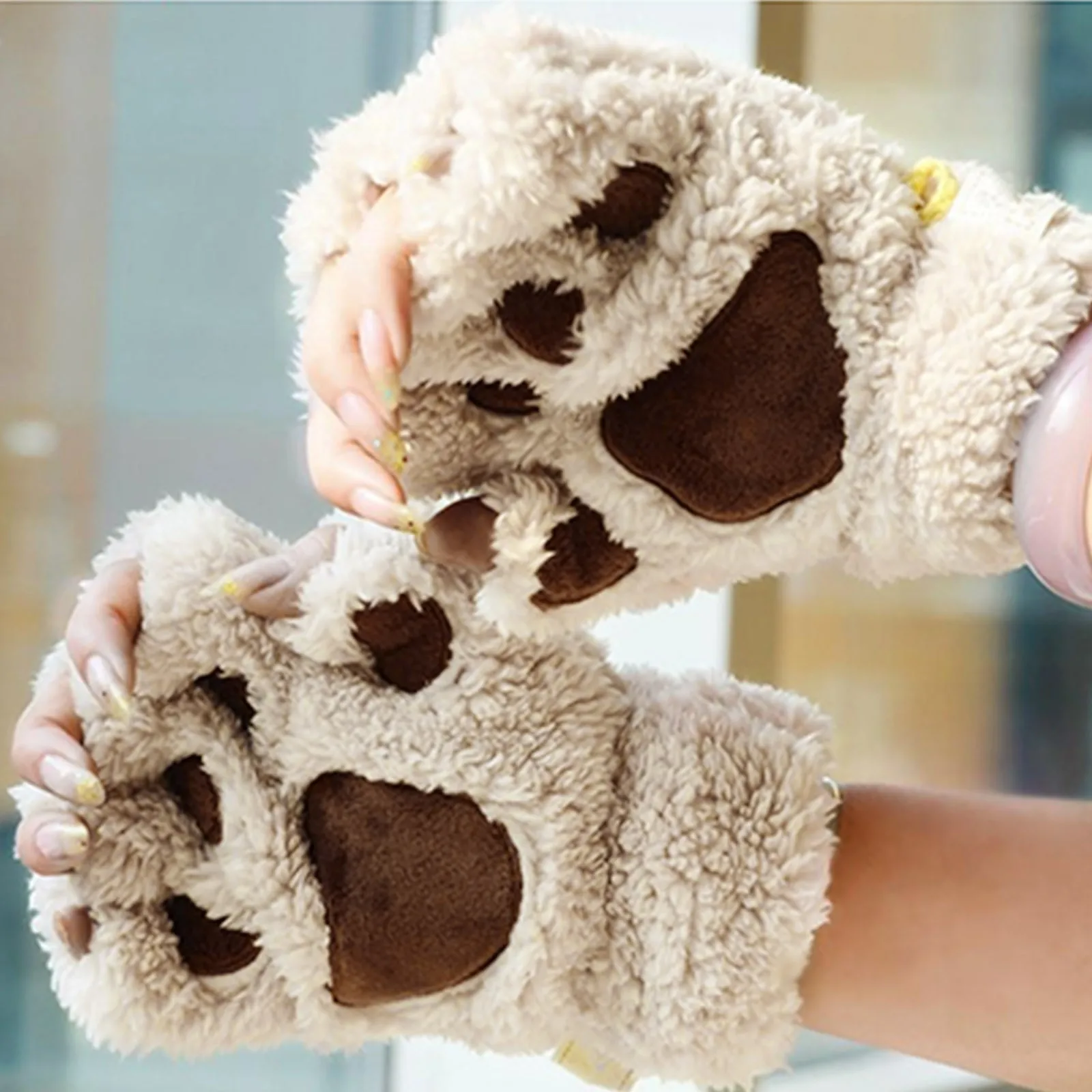 Women\'S Cute Bear Paw Half Finger Gloves Color Block Plush Short Comfortable Gloves Ladies Winter Thickened Warm Gloves Kawaii