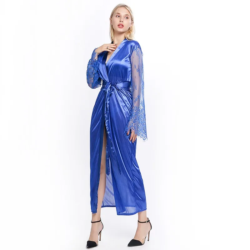 Womens Nightdress Sexy Long Polyester Lingerie Nightwear Bath Robe Gown Imitation Ice Silk Nightdress Solid Color Nightgown Thin