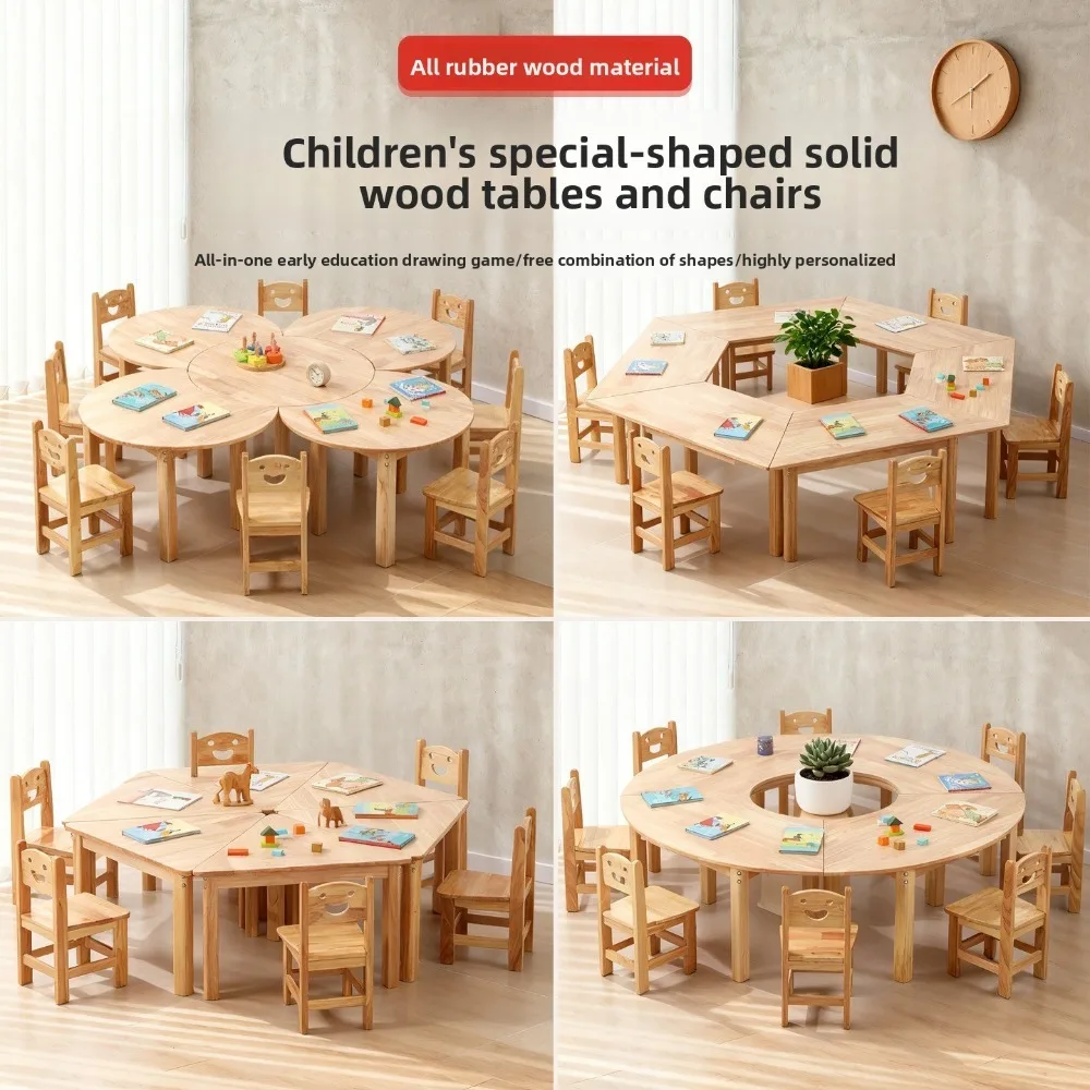 Solid Wood Kids Table & Chair Set, Montessori Study/Drawing/Play Desk for Home Nursery, Playroom & Preschool, Art Game Station