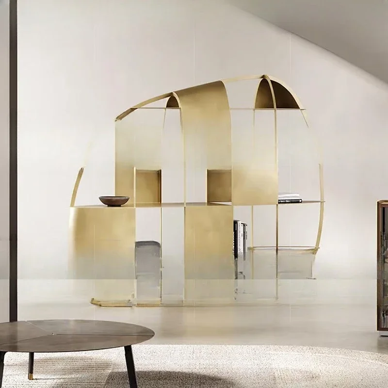 Metal bookshelf floor-to-ceiling, modern light luxury high-end, villa stainless steel display, display shelf