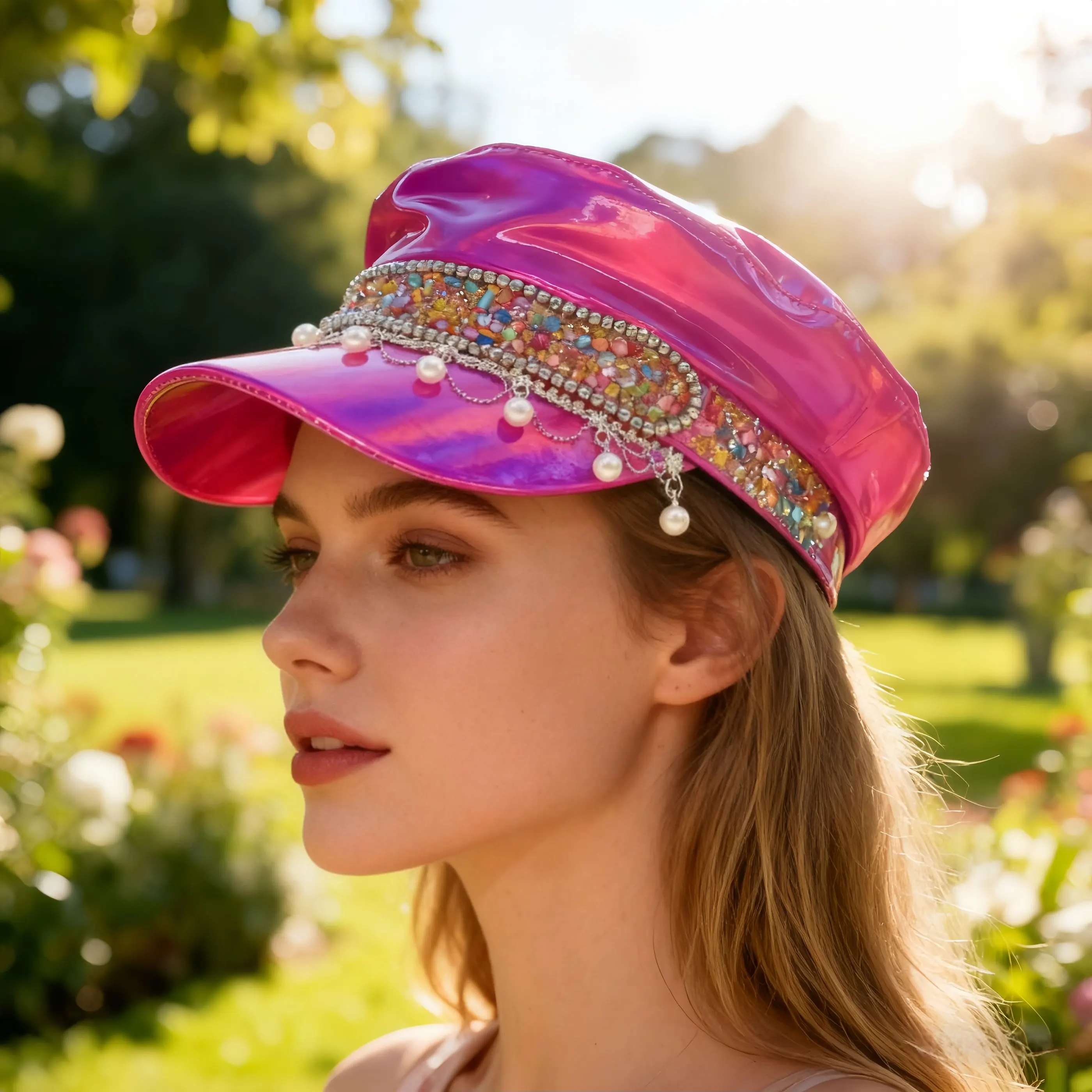 HongLuan  Laser Leather Captain Hat Rhinestone & Military Caps for Woman, Rave Festivals Accessories ＆ Party Cap Man Cosplay Fem