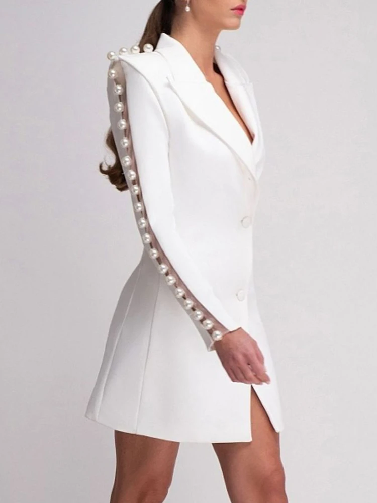 VC White Blazer Pant Suit Set Elegant Two Piece Office Lady Outfit Pearl Long Sleeve Jacket High Waist Business Formal Suit Set
