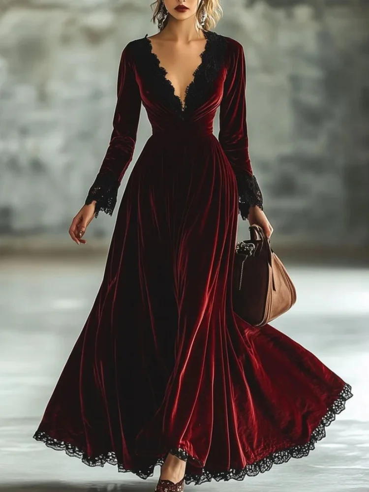 

Elegant Velvet Dress for Women Autumn Winter Long Sleeve Lace Trim Sexy V-Neck High Waist Slim Fit A-Line Evening Party Dresses