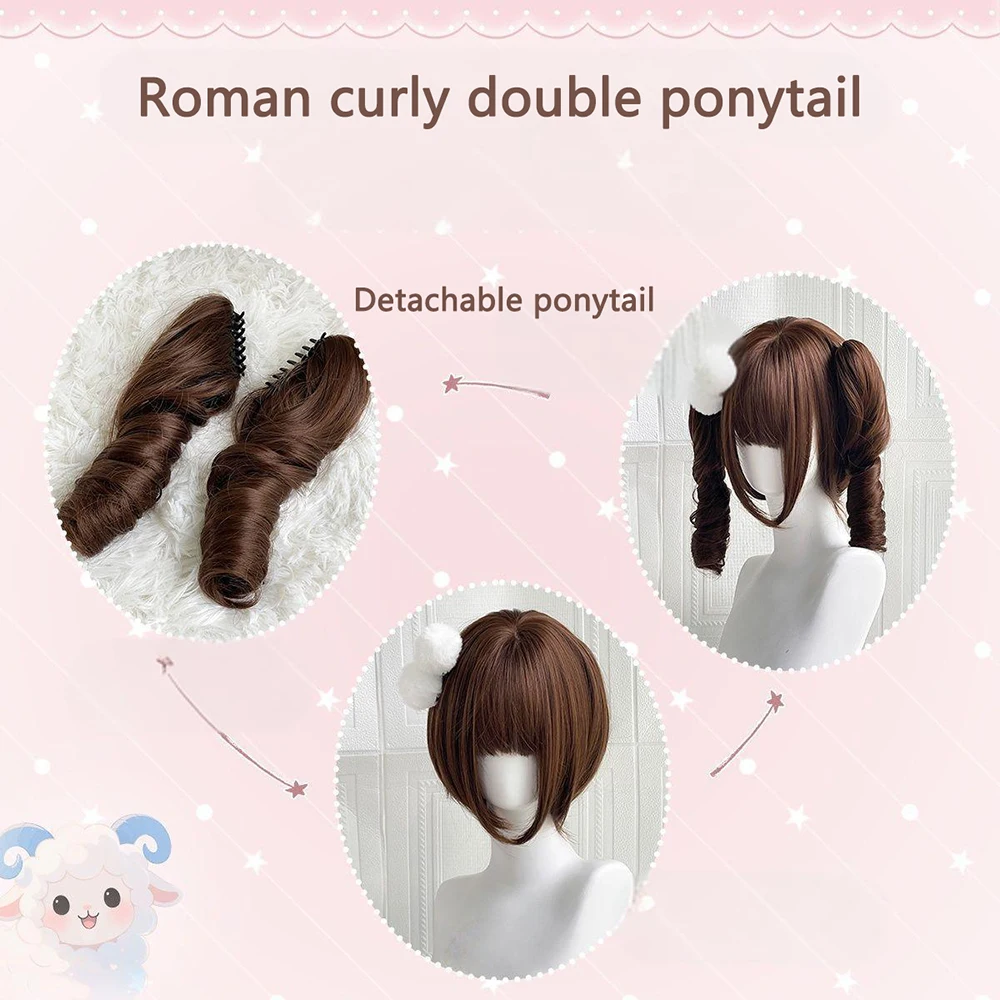 شعر صناعي مجعد روماني، ذيل حصان قابل للفصل، حلو ولطيف، مناسب للنساء، شعر مستعار لوليتا اليومي للعب الأدوار