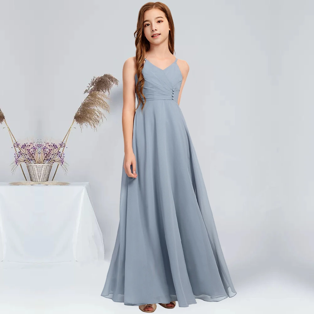 A-line V-Neck Floor-Length Chiffon Junior Bridesmaid Dress Dusty Blue Flower Girl Dress Summer Graduation Party Dress for Guest