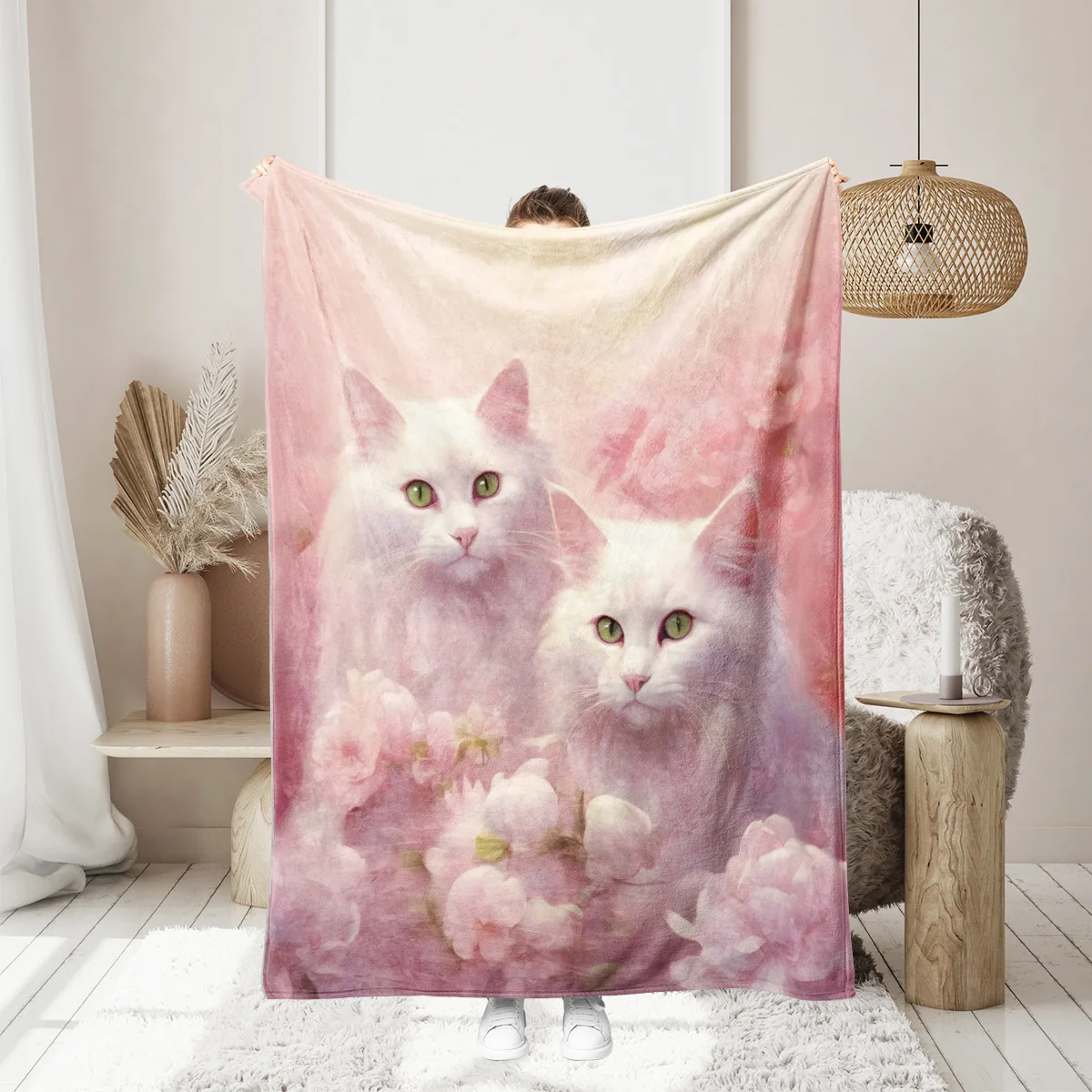 

1, двустороннее фланелевое одеяло с розовым и черным фоном, белое элегантное одеяло с принтом кота, подходящее для диванов, комнат с кондиционером