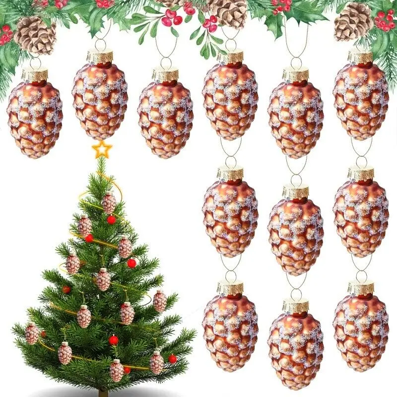 12pcs Christmas Tree Pinecone Glass Ornament Fall Hanging Christmas Tree Decor Hanging Wedding Traditional New Year Decor