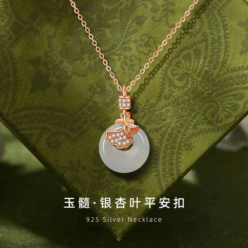 San Sheng Lucky Sterling Silver Necklace China-Chic Ethnic Style Apricot Leaf Zircon Collar Chain Ins Safety Buckle Jade Pendant