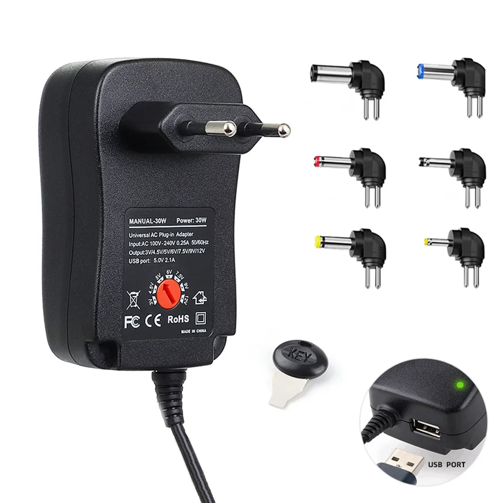 2026 Newest Adjustable Power adapter AC DC 3V 4.5V 5V 6V 7.5V 9V 12V 30W US EU UK AUUniversal Power Adapter for LED Light CCTV