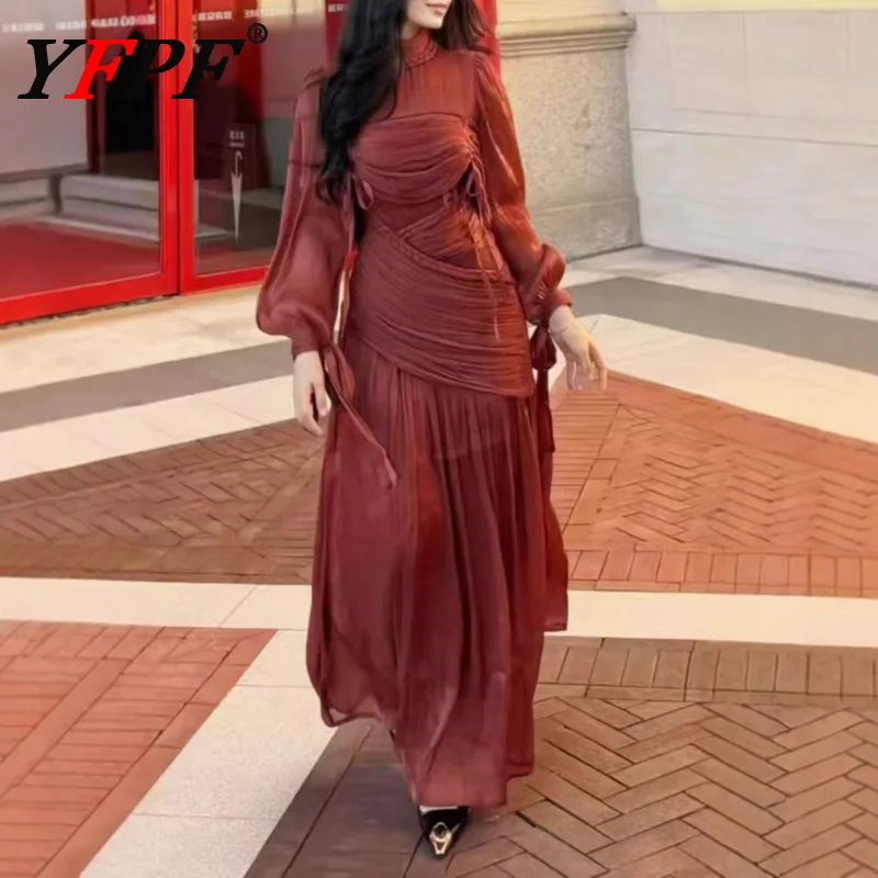 

YFPF Роскошное однотонное длинное платье для женщин, модные складные платья нестандартного дизайна с воротником-стойкой и рукавами-фонариками, вечерние платья 2026, новинка