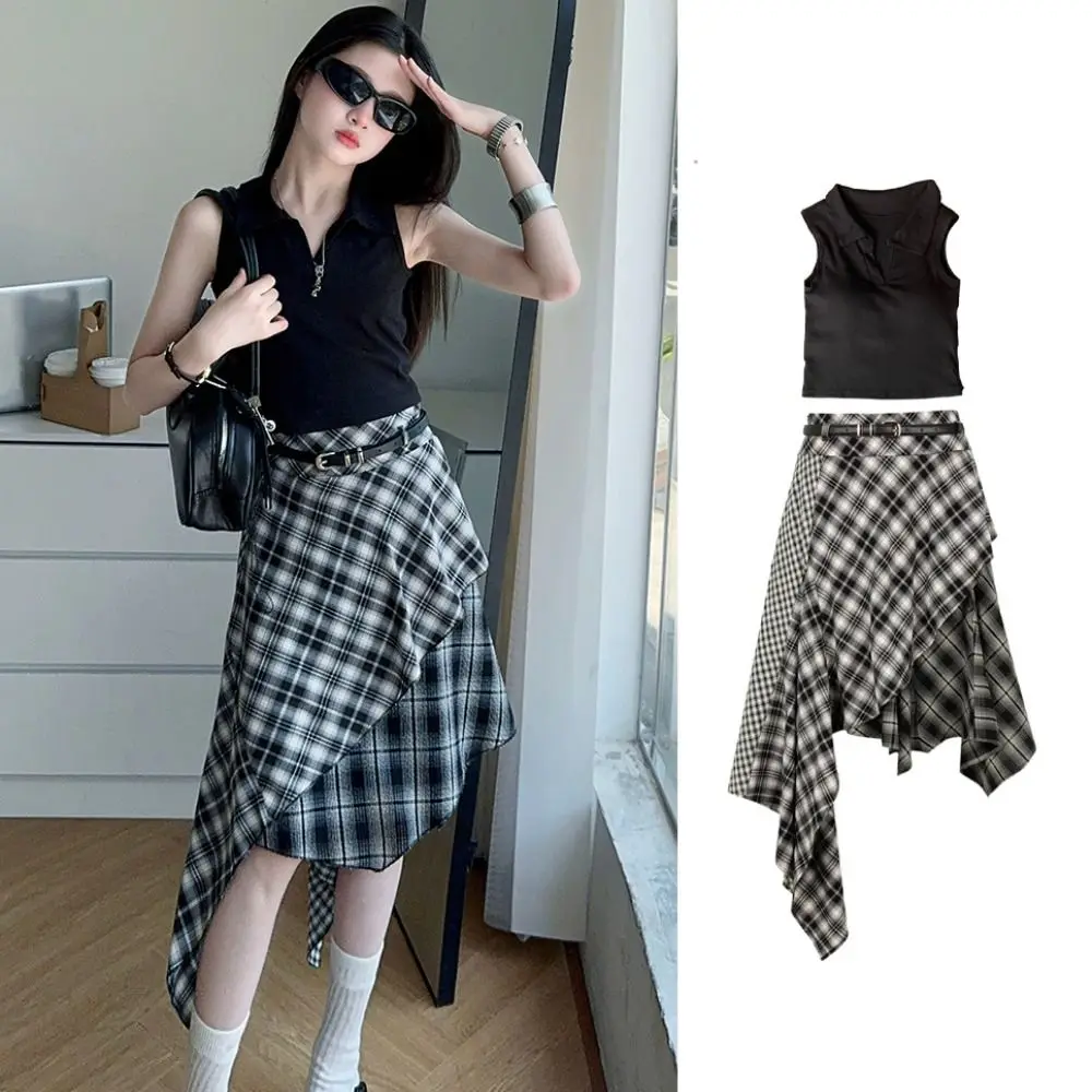 

Крутой клетчатый плиссированный комплект одежды для девочек с короткими рукавами, нерегулярная детская юбка-миди, комплект y2k, одежда для подростков, детские шорты, костюм для студентов