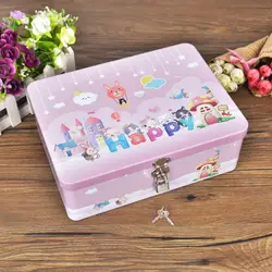 Vintage Large Capacity Tinplate Box with Lock Key Desktop Jewelry Storage Case Metal Box Makeup Box