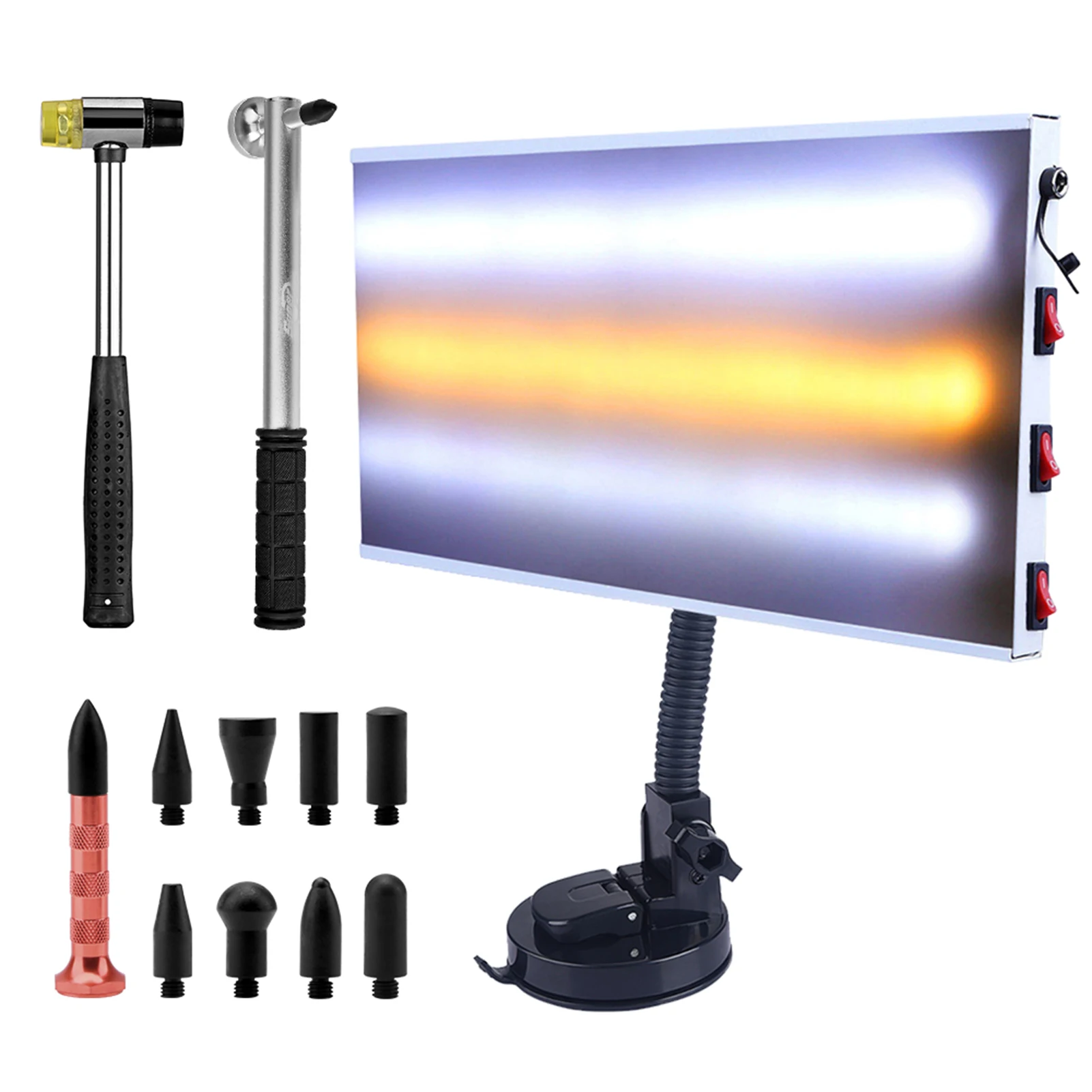 

Paintless Dent Repair Kit - LED Light Board with Dent Repair Hammer, Rubber Hammer, Tap Down Pen & Replacement Heads