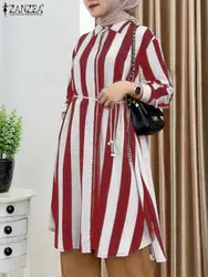 ZANZEA Turn-Down Collar Muslim Fashion Long Shirts Striped Casual Button Up 2024 Summer Islamic Tops Women Long Sleeve Chemise