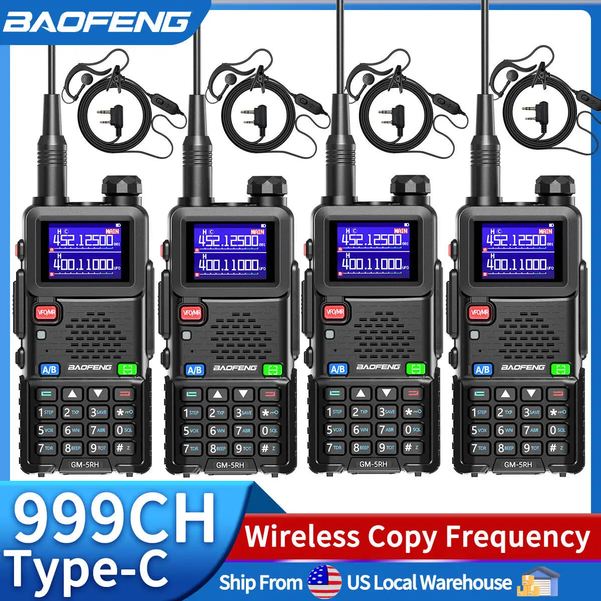 4PCS BAOFENG GM-5RH GMRS UV-5RH Walkie Talkie Wireless Copy Frequency Type-C Long Range 999CH NOAA Weather Receiver Ham Radio