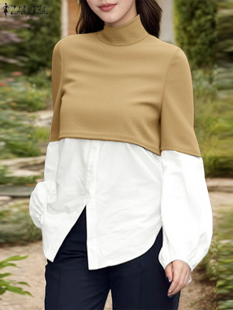 

ZANZEA Women Knitted Shirts Long Sleeve Tops Turtleneck Patchwork Buttons Casual Blouse 2025 Fashion Autumn Party Elegant Blusas