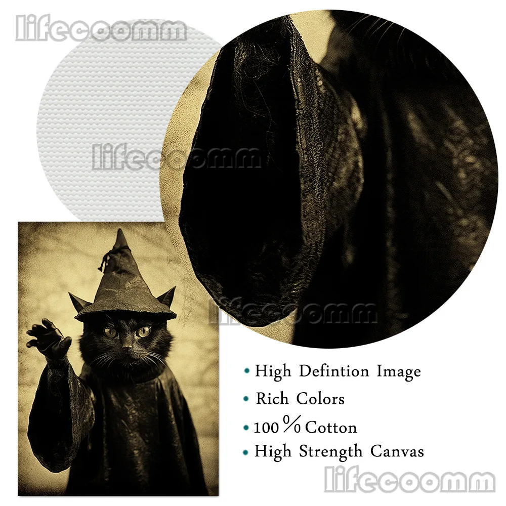 لوحة فنية على القماش لتزيين المنزل ، ملصق حيوان غامق قوطي ، قطة سوداء ، ساحرة ، صور عتيقة ، طباعة أكاديمية داكنة #6