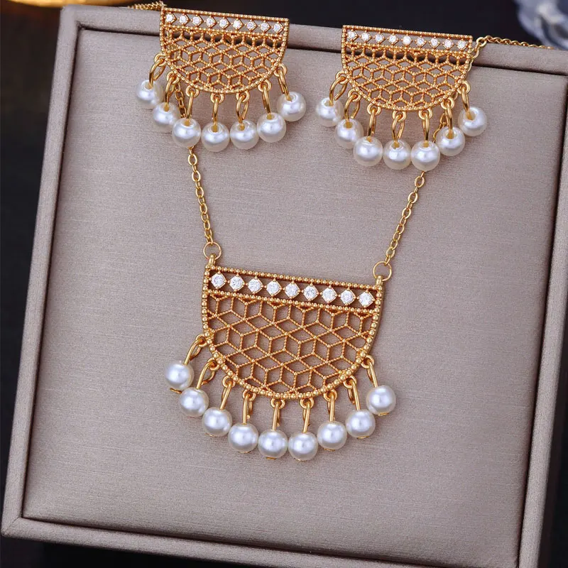 Luxury Retro Zircon Crystal Bridal Jewelry Sets for Women Ethnic Indian Gold Plated Wedding Necklace Earrings Sets Party Gifts