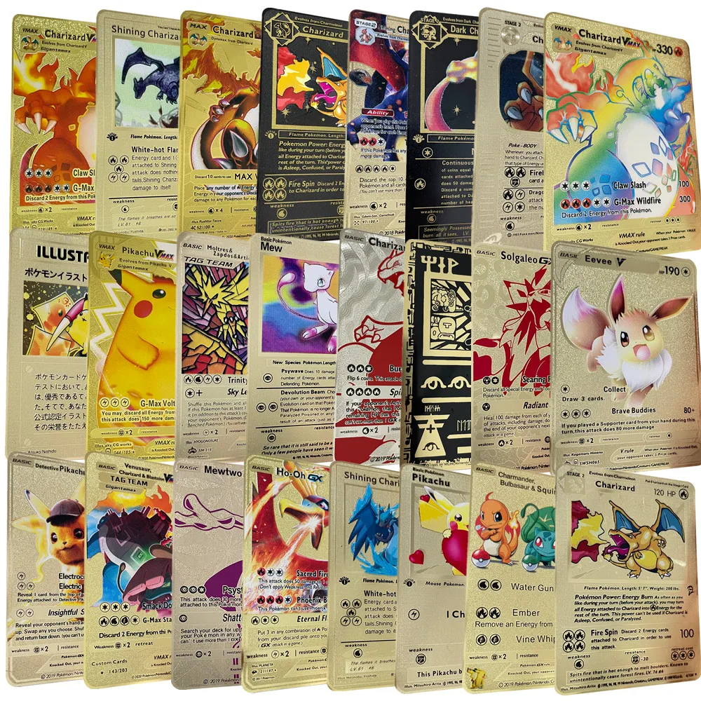 Englische Version Pokemon Metallkarten Anime-Figuren Pikachu Charizard Mewtwo Kampf-Sammelkartenspiel Goldene Sammelkarten