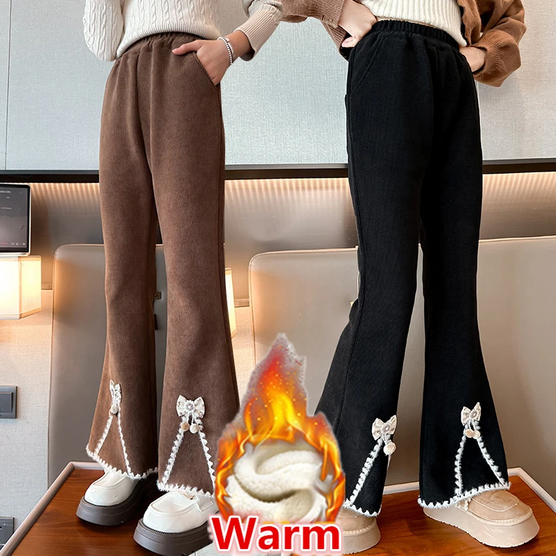 

Elegant Children Insulated Winter Flared Pants with Bow For Kids Girls Thick Warm Thermal Velvet Lined Trousers 5 7 8 9 10 13 14