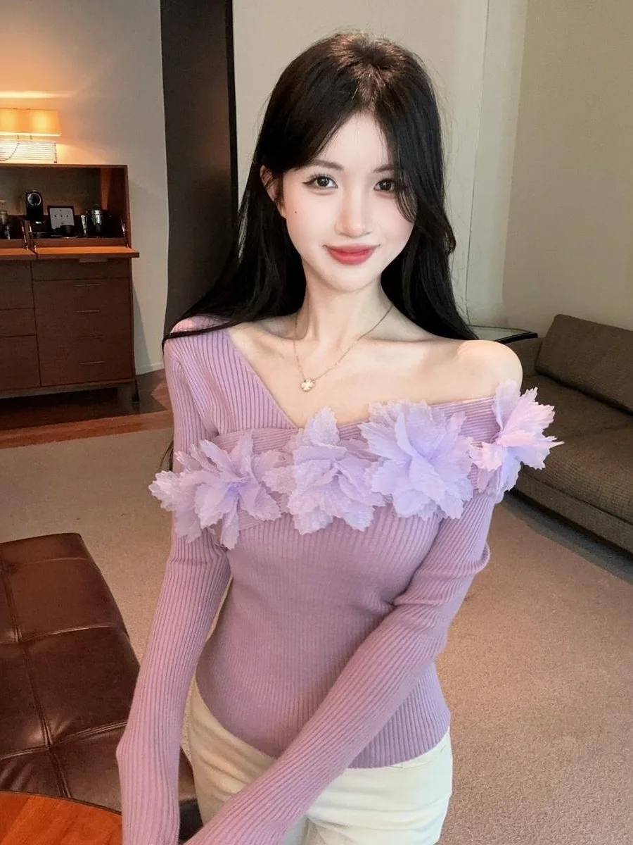 

Ретро 3D цветочный фиолетовый вязаный топ с длинными рукавами женский сексуальный асимметричный пуловер с открытыми плечами и наклонным вырезом модный осенний внутренний свитер