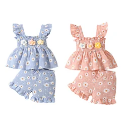 Baby Clothing Girls Summer Clothes Newborn Sets 3D Flower Cotton Pleated Ruffles Tops+Shorts Casual Soft Outfits