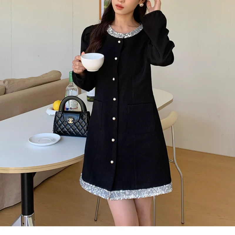 Spring New French Elegant Black Women Dress Round Neck Stitching Sequins Fashion Slim Simple Korea Chic Small Fragrance Dress