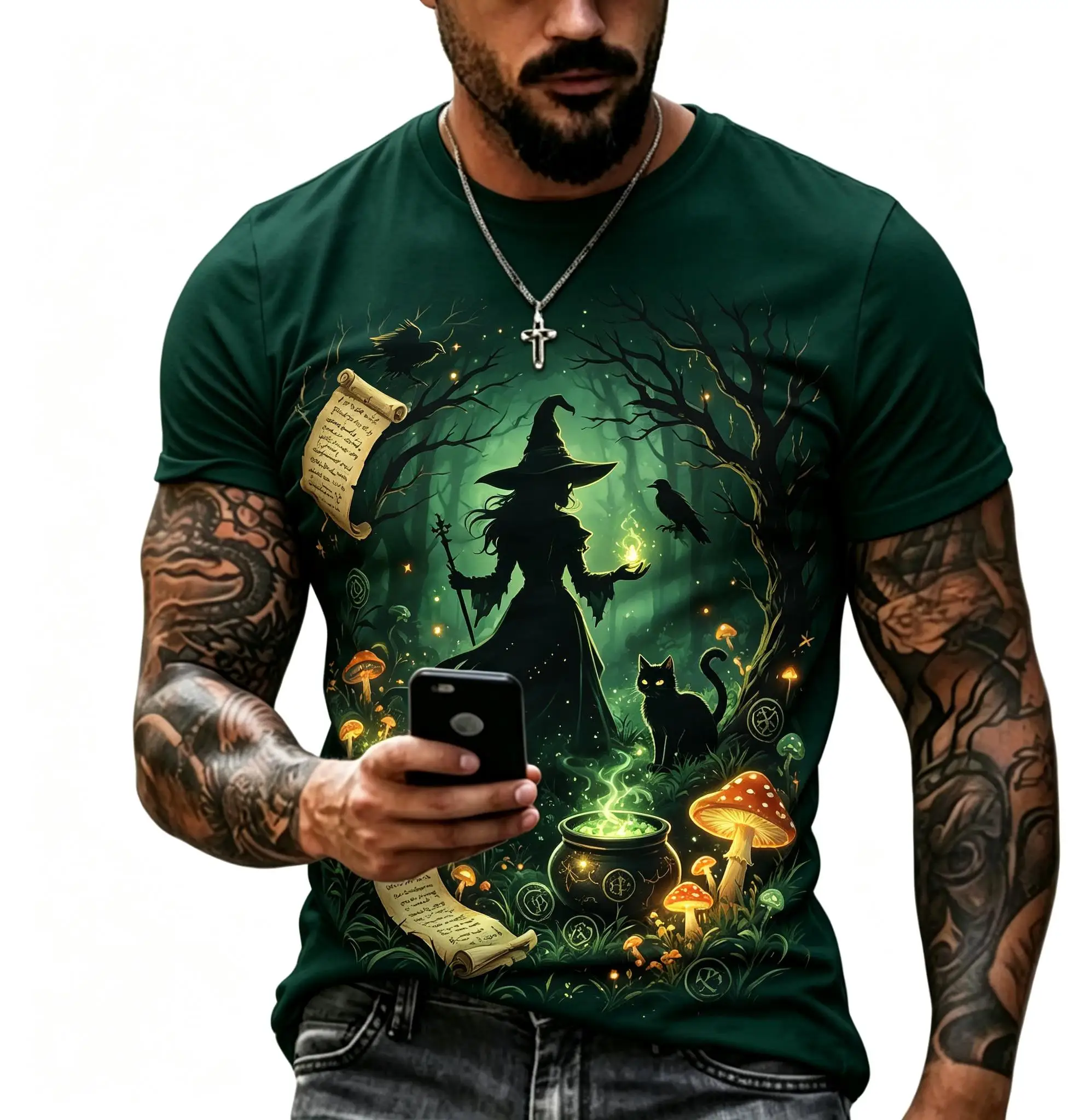 Mens Casual Short Sleeve T-shirt Navy Mystic Black Cat Magic Circle Moon Print Fashion Blouse