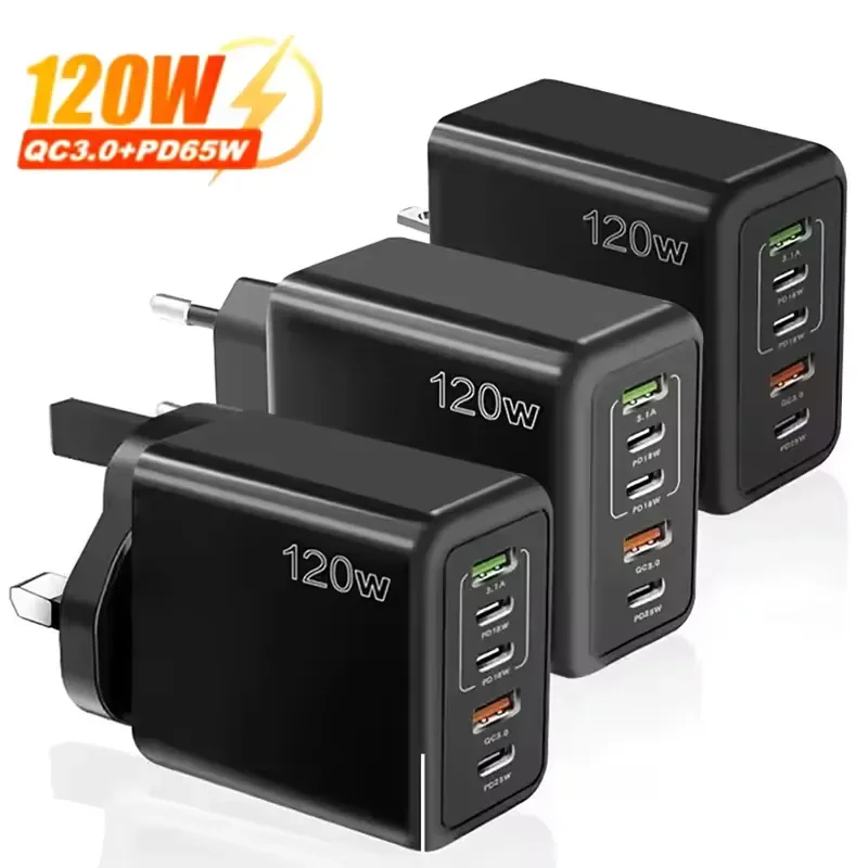 120W USB Charger Multi Ports PD Fast Charging Type C Mobile Phone Charger For iPhone Huawei Samsung Xiaomi ipad Wall Charger