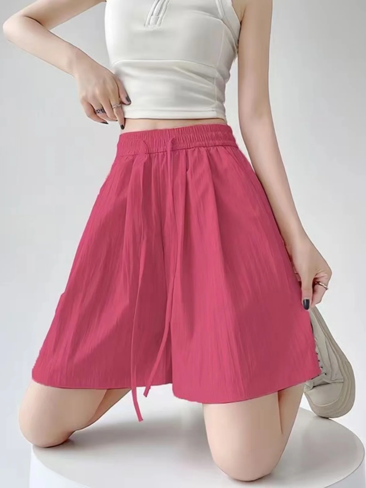 Spodnie damskie z wysokim stanem, luźny krój, z jedwabiu lodowego, chłodzące, cienkie, letnie, codzienne, z szerokimi nogawkami, sportowe, długość do połowy łydki, modne.