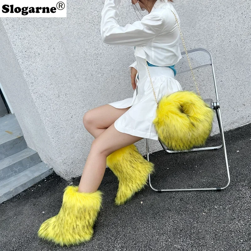 Winter Shoes Women Winter Fluffy Faux Raccoon Fur Boots Girls New Push Warm Snow Boots Luxury Footwear Fahsion Furry Fur Bottes