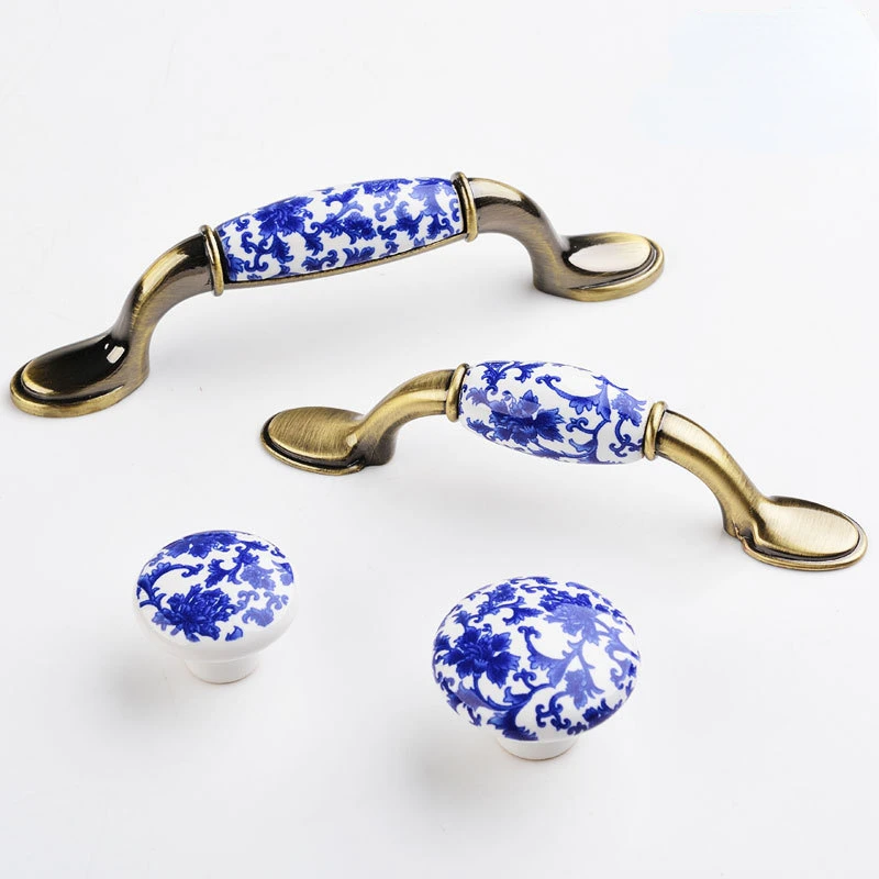 Blue and White Porcelain Ceramic Kitchen Cabinets Handles Solid Single Hole Drawers Knob Zinc Alloy Wardrobes Door Pulls Handles