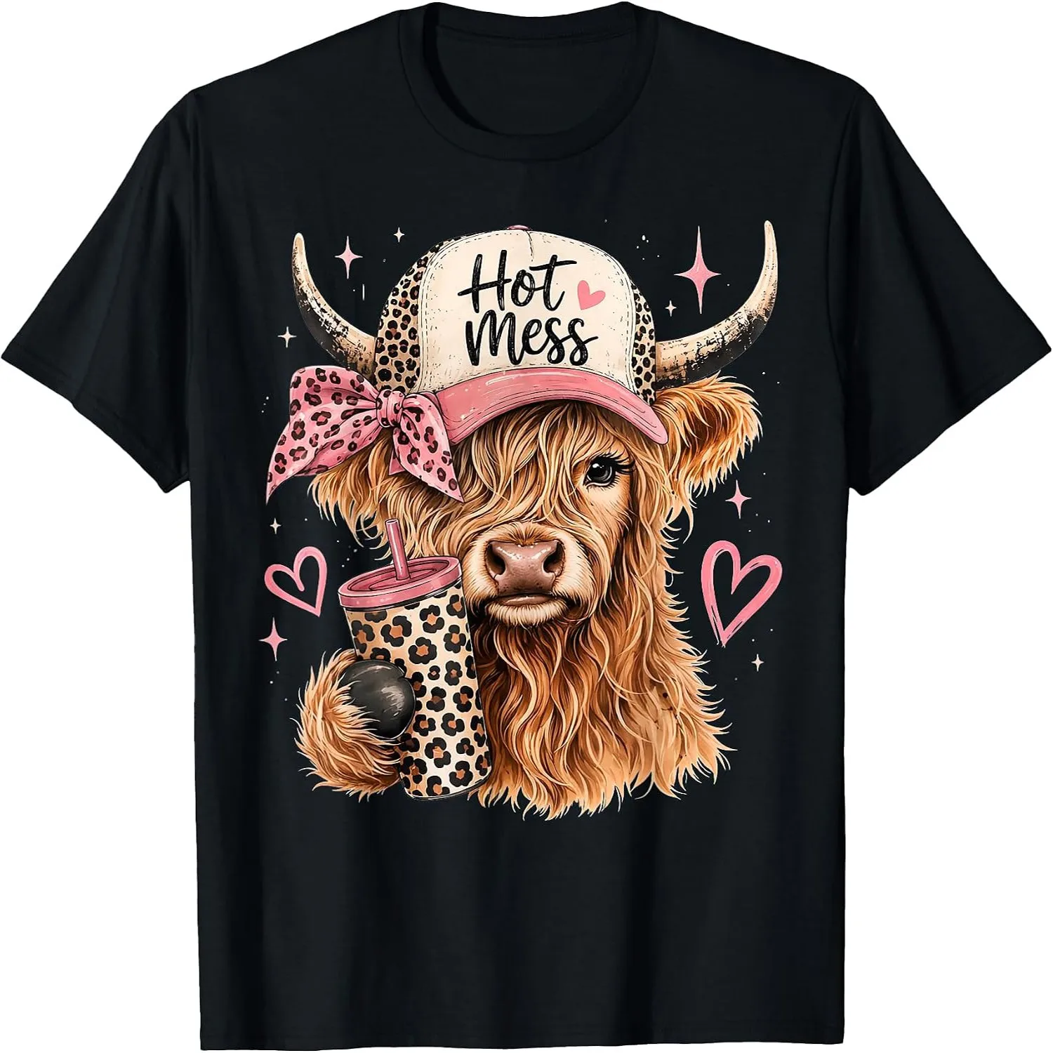 Hot Mess Leopard Highland Cow Funny Coffee Lover Graphic T-Shirt