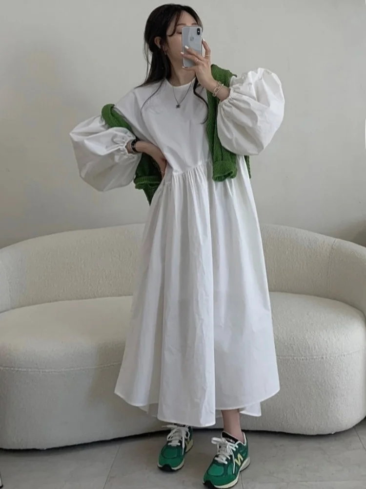 Laid-ba Sle Loose Long Dr Damen Chic Frühherbst Lantern Sve Faion A-Linien-Rock Neun-Punkt-Swe-Länge